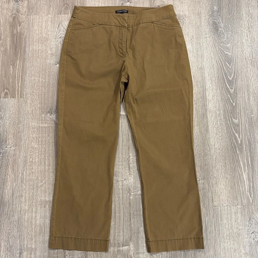 Eileen Fisher Straight Leg Chino Crop Pants Dark Khaki Stretch Cotton Twill
